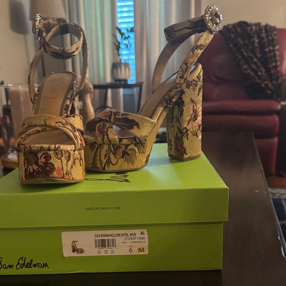 Sam Edelman Floral Platform Heels - Green and Brown